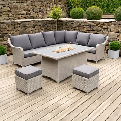 Antigua Corner Set with Ceramic Top and Fire Pit, Stone Grey