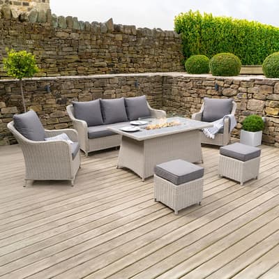Antigua Lounge Set with Ceramic Top and Fire Pit, Stone Grey
