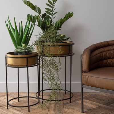 Set Of 2 Gold Planter with Tall Black Metal Stand