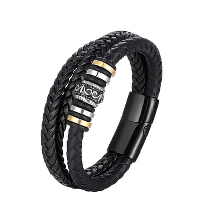 18K Two Tone Black Plated Black Leather Bracelet