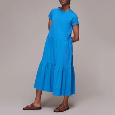 Blue Tiered Jersey Cotton Midi Dress