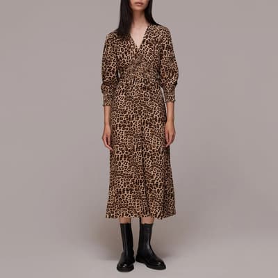Brown Animal Print Shirred Midi Dress