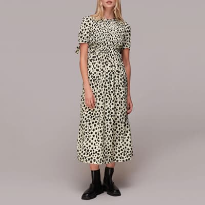 Cream Animal Print Shirred Midi Dress