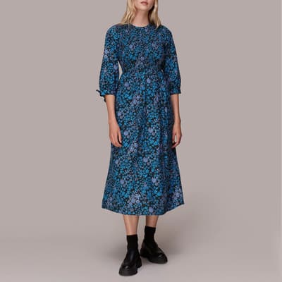 Blue Floral Shirred Cotton Midi Dress