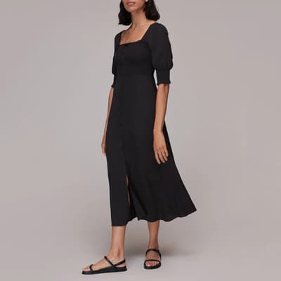 Black Luna Shirred Bodice Midi Dress