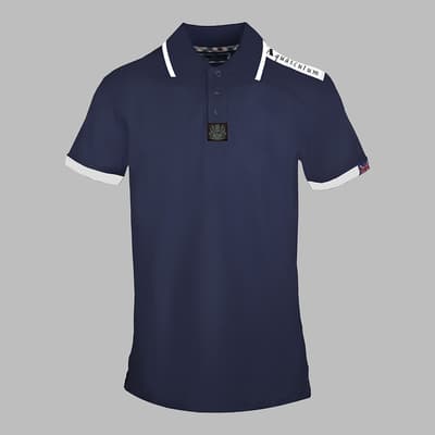Navy Shoulder Branded Cotton Polo Top