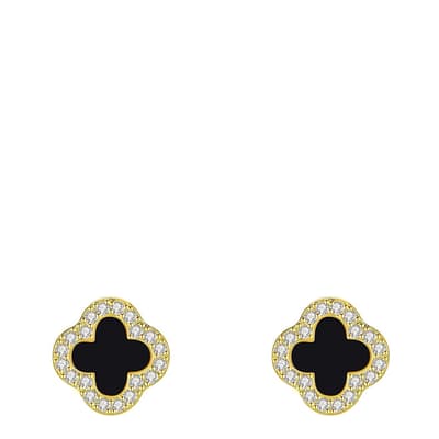 18K Gold Black Enamel & Cz Post Earrings