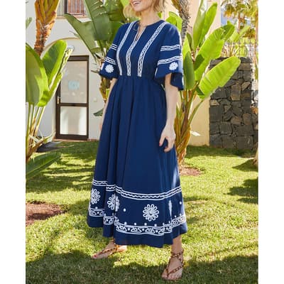 Navy Drew Embroidered Corded Cotton Dress