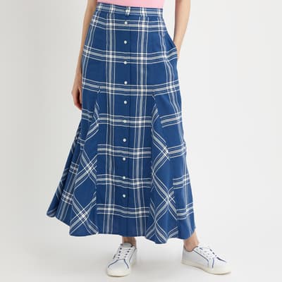 Blue Cotton Plaid Midi Skirt