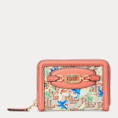Coral Leather Trim Zip Up Purse