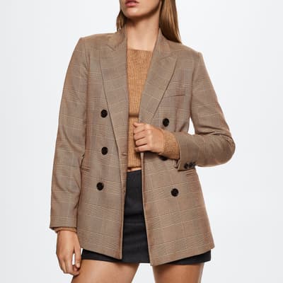 Beige Double-Breasted Check Blazer