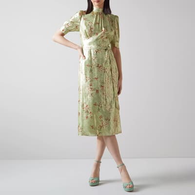 Green/Multi Finch Silk Midi Dress