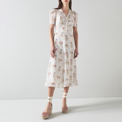 White/Multi Holzer Silk Midi Dress