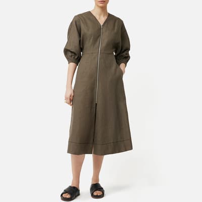 Khaki Linen Zip Midi Dress