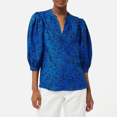 Blue Shadow Leaf Linen V Neck Top