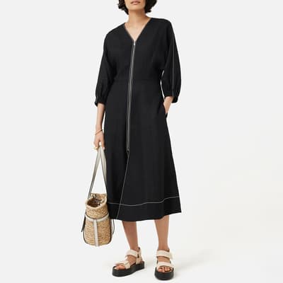 Black Linen Zip Midi Dress