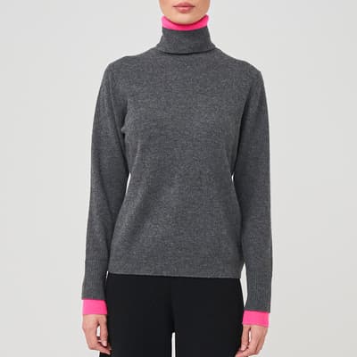 Grey/Pink Contrast Cashmere Roll Neck
