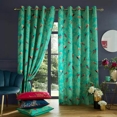 Green Birds 228x228cm Gold Eyelet Ready Made Curtains