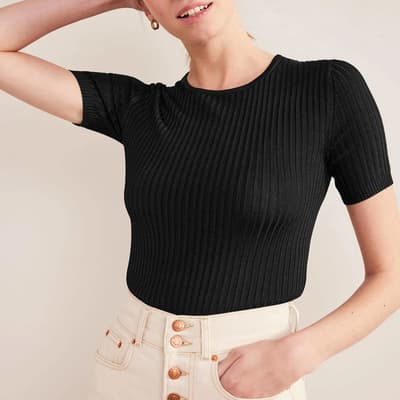 Black Ribbed Knitted T-Shirt