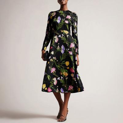 Black Floral Arianya Midi Dress