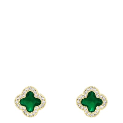 18K Gold Emerald Green Motif Stud Earrings