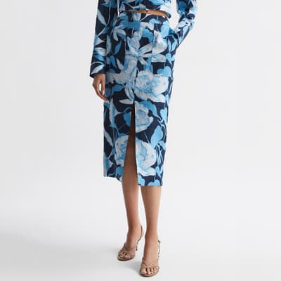 Navy/Blue Jackson Print Slit Midi Skirt