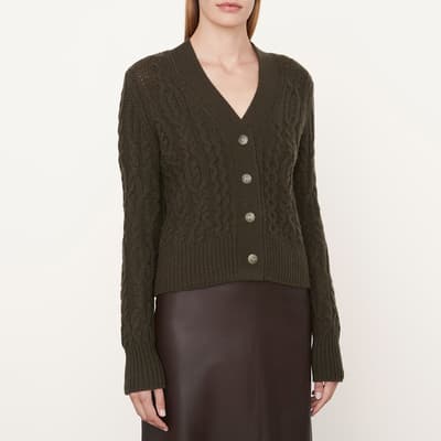 Green Wool Blend Triple Braided Cable Knit Cardigan