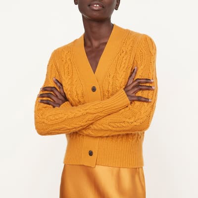 Orange Wool Blend Triple Braided Cable Knit Cardigan