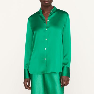 Green Full Button Silk Blouse