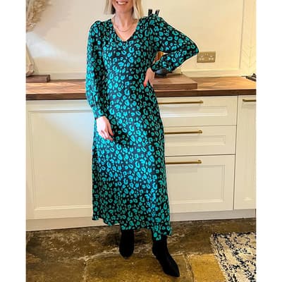 Green Leopard Print Blouson Sleeve Dress