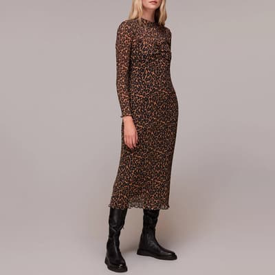 Brown Leopard Plisse Midi Dress