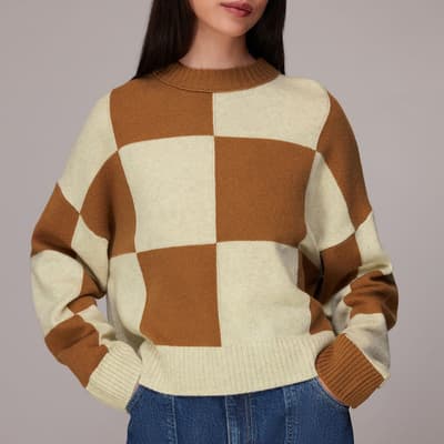 Ecru/Brown Check Wool Blend Jumper