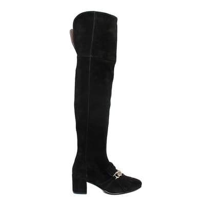 Black Cracked Leather Heeled Long Boots