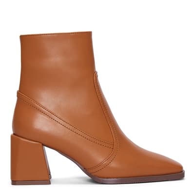 Dark Tan Leather Block Heeled Ankle Boots