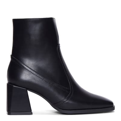 Black Leather Block Heeled Ankle Boots