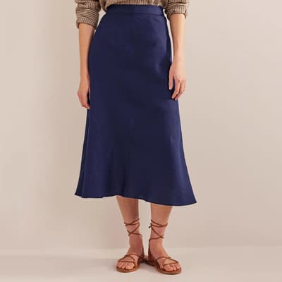 Navy Bias Linen Midi Skirt