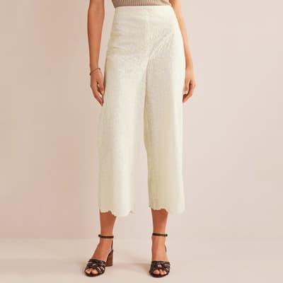 Ivory Embroidered Wide Leg Cotton Trousers