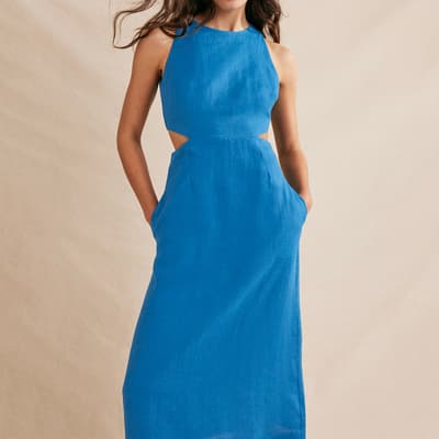 Blue Cut Out Linen Midi Dress