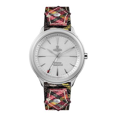 Elhco Ladies Quartz Watch with Silver Dial And Tartan Leather Strap