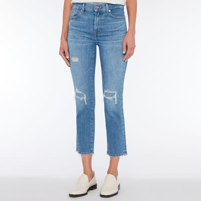 Blue Straight Stretch Distressed Jeans
