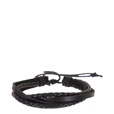 Black Leather Multi Row Woven Adjustable Bracelet