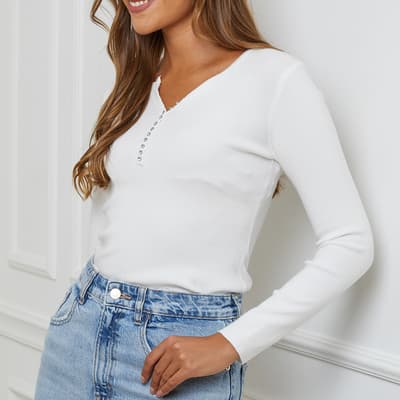 White Cashmere Blend Embroidered Top