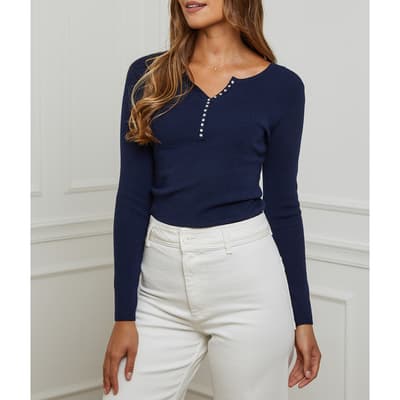 Navy Cashmere Blend Embroidered Top