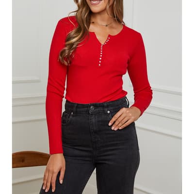 Red Cashmere Blend Embroidered Top