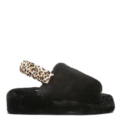 Black/Leopard Silk Schrunchie Sheepskin Slippers