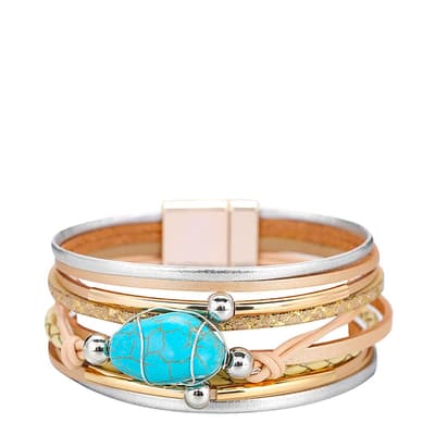 18K Gold & Silver Two Tone Leather Turquoise Bracelet