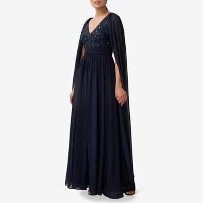 Navy Beaded Cape Gown