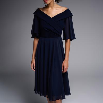 Navy Off Shoulder Frill Midi Dress