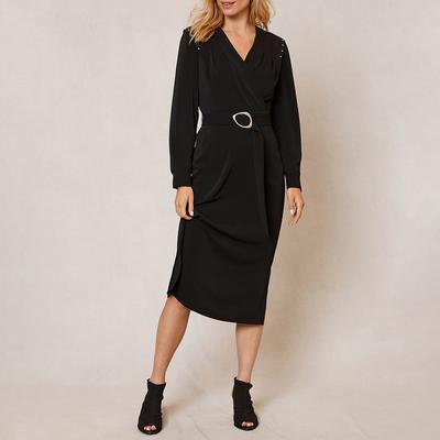 Black Belted Wrap Midi Dress