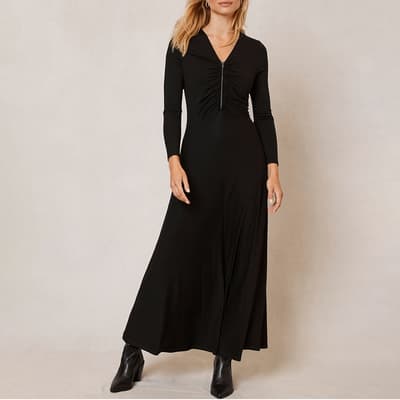 Black Zip V-Neck Maxi Dress